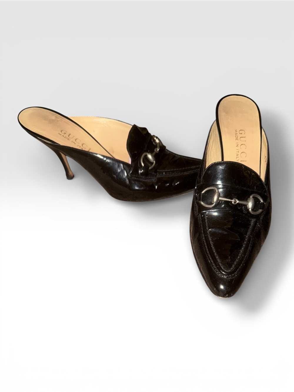Gucci Black Patent Leather Horsebit Mule Heels Pointed Toe Slip On US 8.5